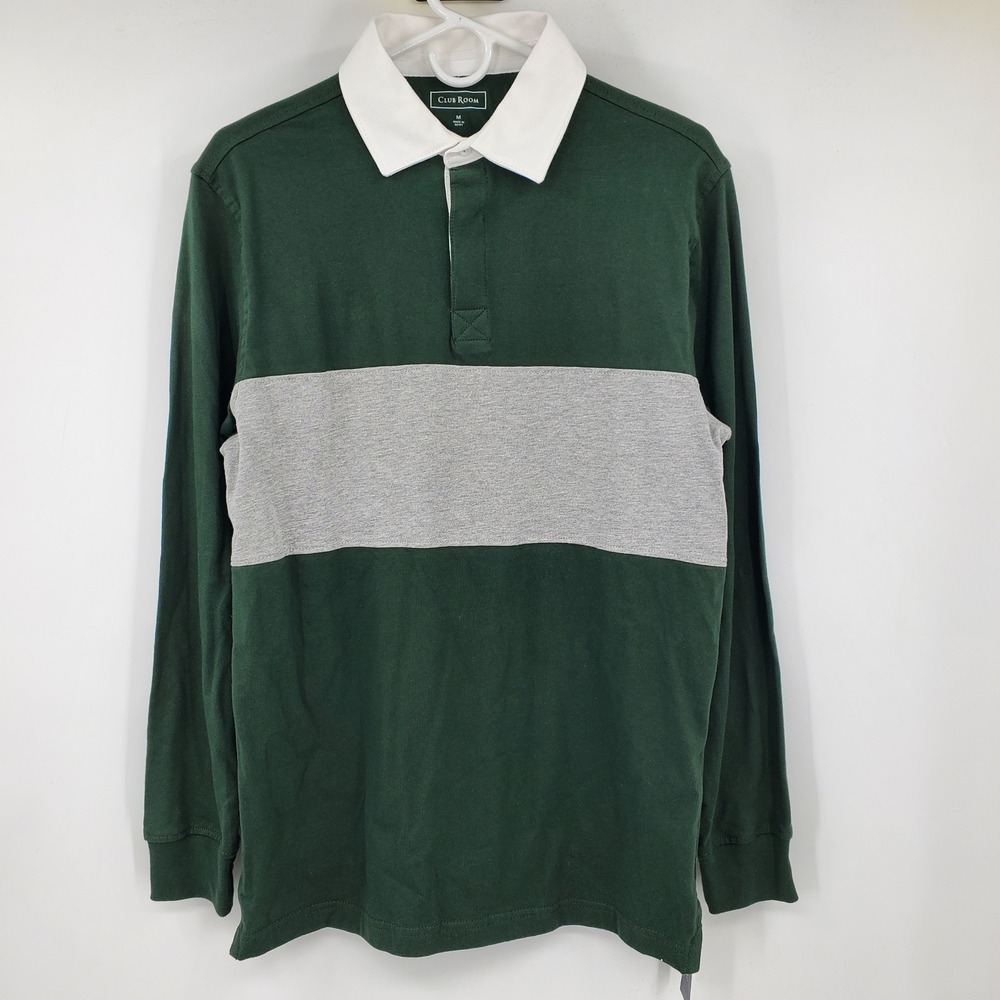 NWT Club‎ Room Mens Rugby Shirt Deep Woods Green Grey Stripe Medium Preppy Ivy